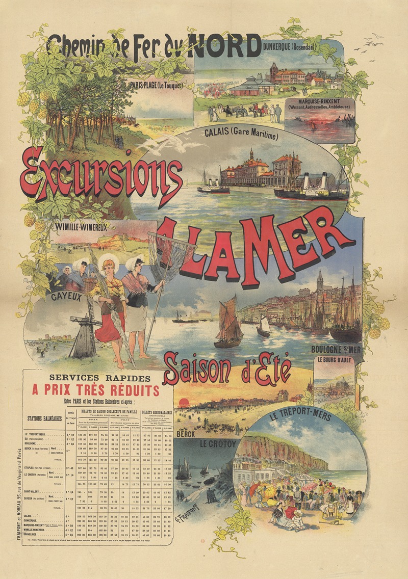 Gustave Fraipont - Chemin de Fer du Nord. Excursions à la mer. Saison d’été, Services rapides à prix très réduits