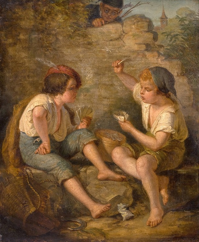 Jacques Alfred van Muyden - Zwei Buben beim Kartenspiel, beobachtet von einem Lehrer hinter der Steinmauer
