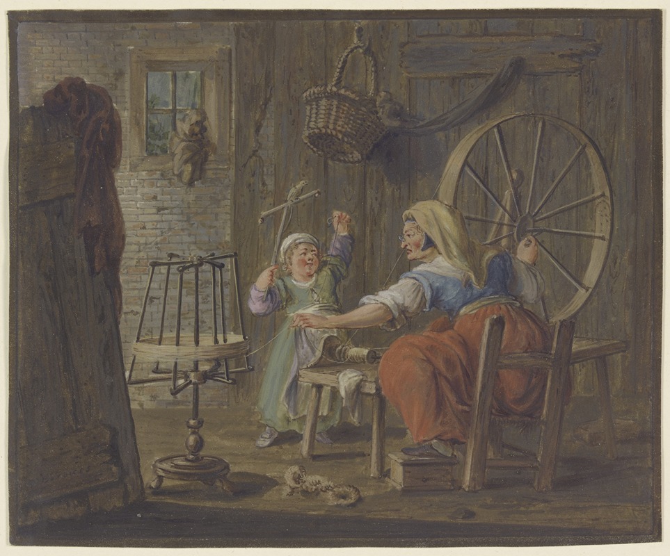 Pieter Bartholomeusz. Barbiers - Eine alte Frau haspelt Garn, dabei ein Kind mit einem Vogel