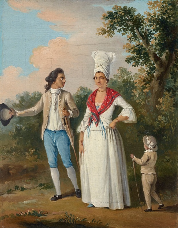 Agostino Brunias - A young couple and child promenading, Dominica