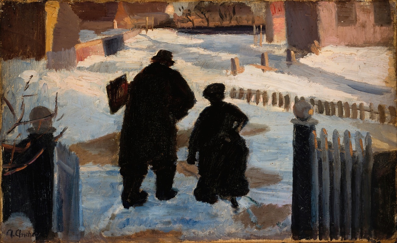 Anna Ancher - Michael Ancher on his way to his studio accompanied by the organist Helene Christensen