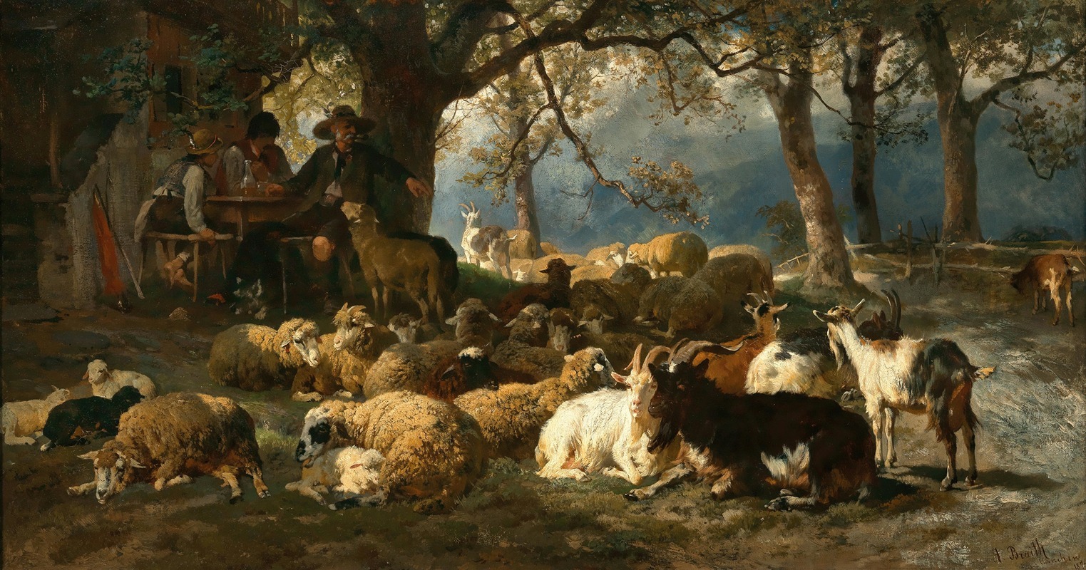 Anton Braith - A Shepherd with his Cattle Resting at Noon