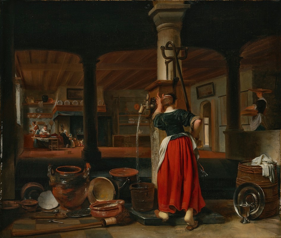 Cornelis Bisschop - A maid pumping water in a kitchen interior