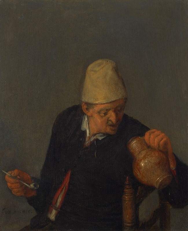 Cornelis Dusart - A peasant holding a jug and pipe