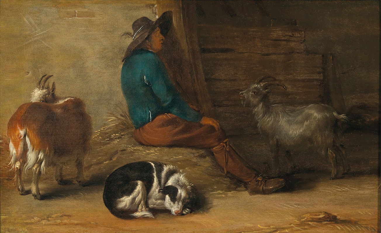 Cornelis Saftleven - A peasant resting with a dog and goats nearby