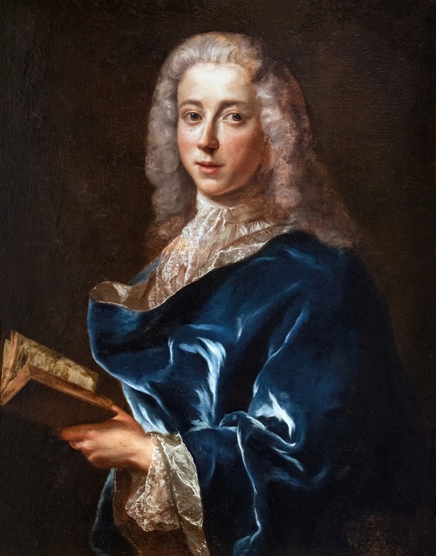 François de Troy - Portrait d’un homme au manteau bleu tenant un livre