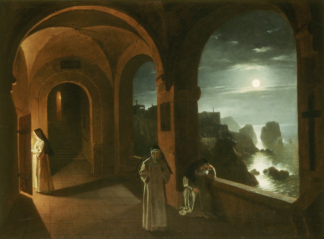 Franz Ludwig Catel - Nuns in the Certosa Cloister, overlooking a Moonlit Sea towards the Faraglioni, Capri
