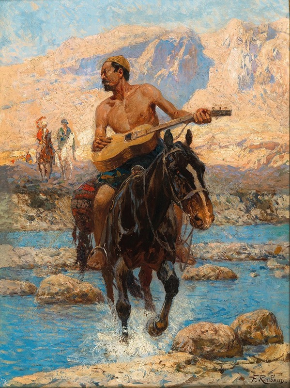 Franz Roubaud - A Rider with Guitar Crossing a Ford