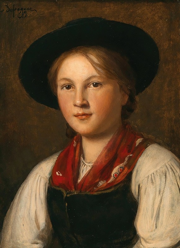 Franz von Defregger - A Graceful Young Girl in Traditional Costume with a Hat