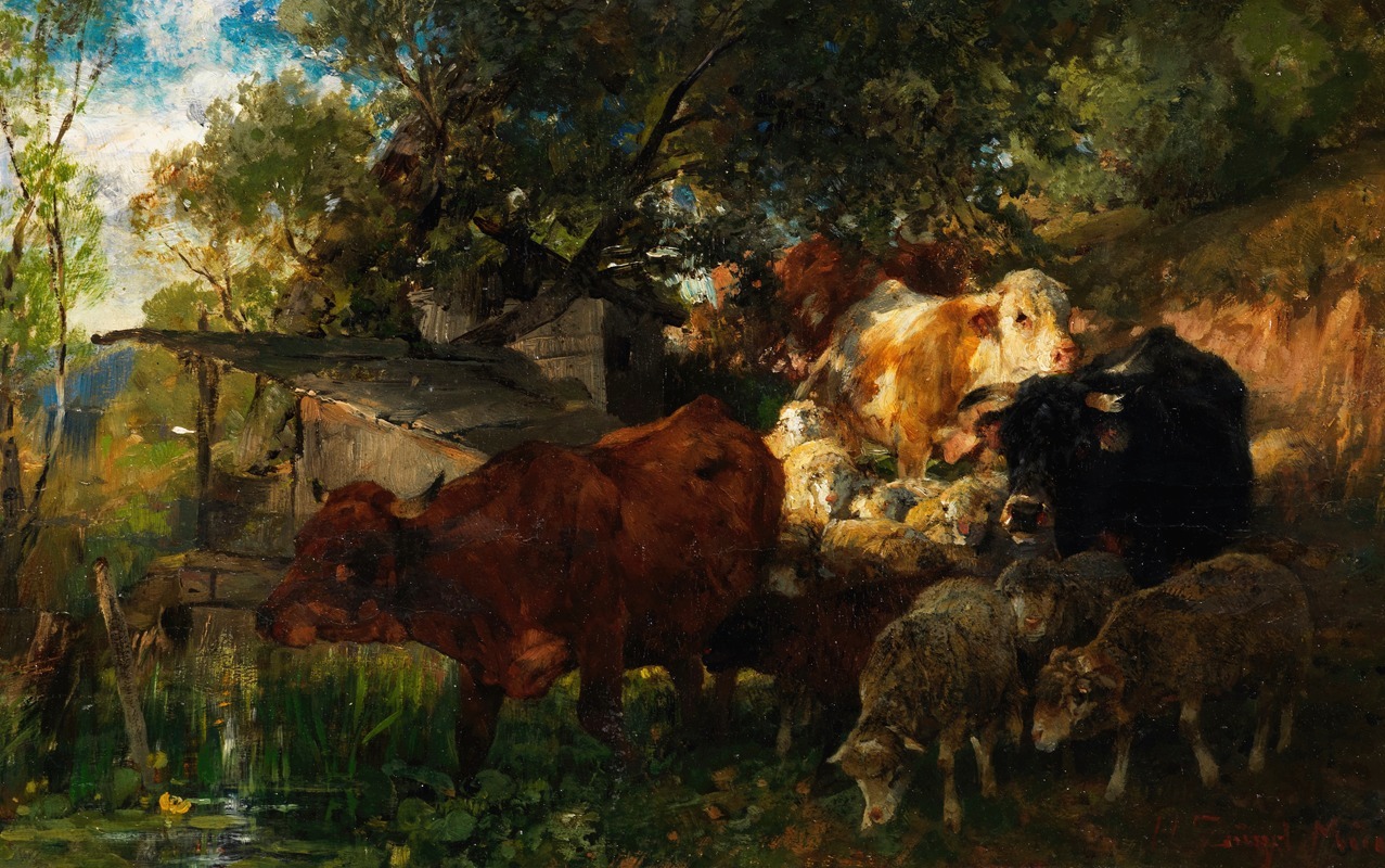 Heinrich Von Zügel - Kühe und Schafe an der Tränke