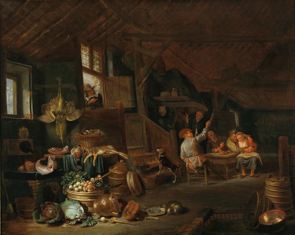 Hendrik Martensz. Sorgh - A kitchen interior with peasants carousing