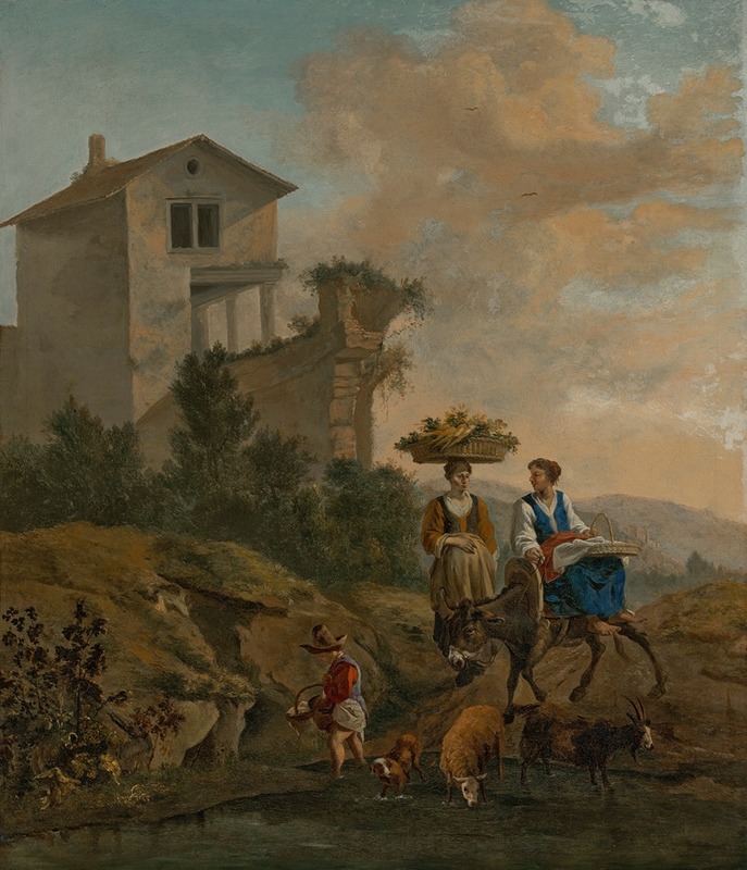 Hendrick Mommers - An Italianate landscape with women travelling to market