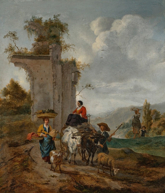 Hendrick Mommers - An Italianate landscape with villagers and an ox-cart
