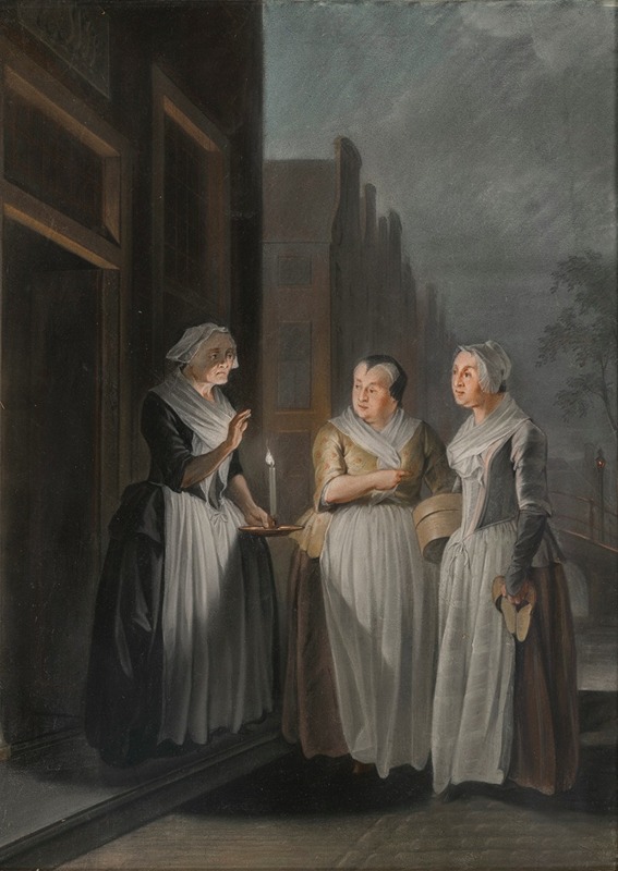 Jacobus Buys - Three women talking at night in a Dutch city, one holding a candle