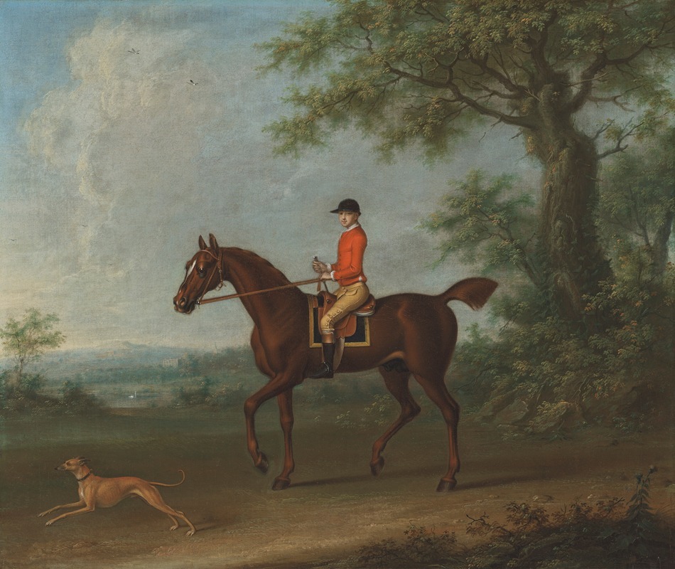 James Seymour - Sedbury, with jockey up, and a greyhound in an extensive wooded landscape, with two country houses beyond