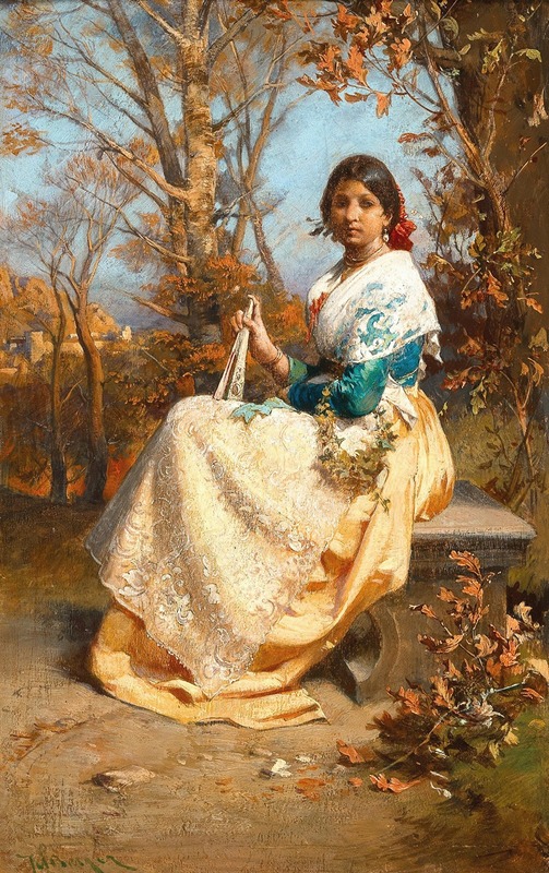 Julius Victor Berger - A Spanish Girl with Fan on a Park Bench
