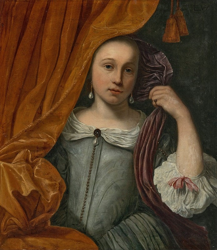 Lodewijk van der Helst - Portrait of a girl, peeking out from behind an orange curtain