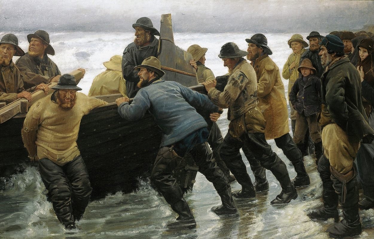 Michael Ancher - Fishermen launching a rowing boat