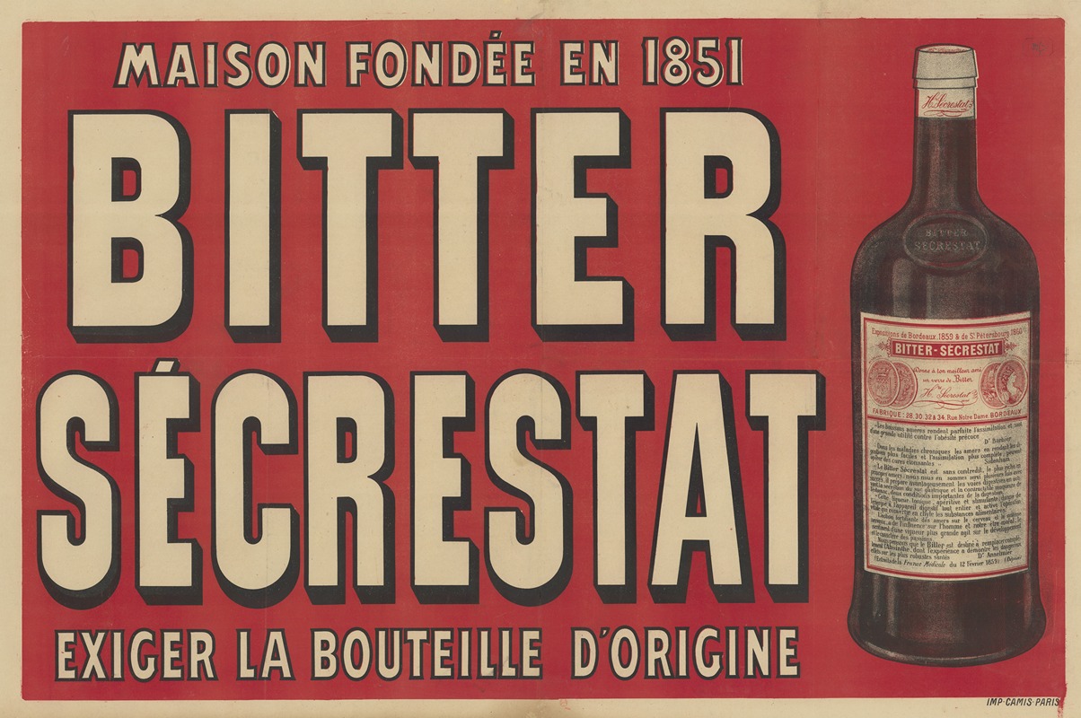 Imp. Camis - Bitter Sécrestat, Maison fondée en 1851, exiger la bouteille d’origine