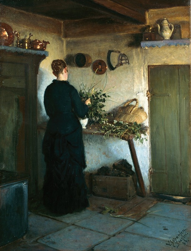 Viggo Johansen - Kitchen interior. The artist’s wife arranging flowers