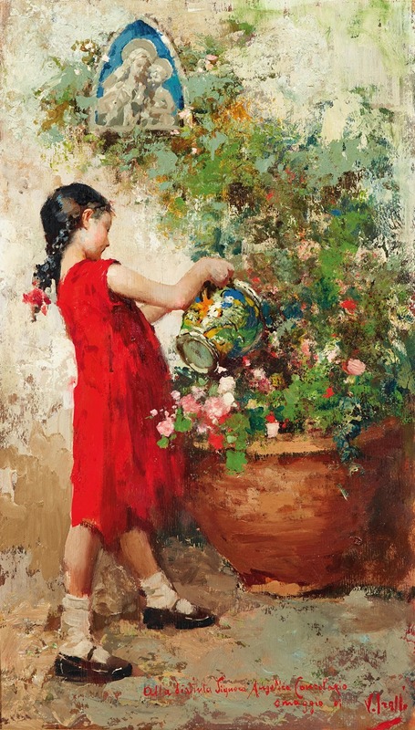 Vincenzo Irolli - A Young Girl Watering Flowers