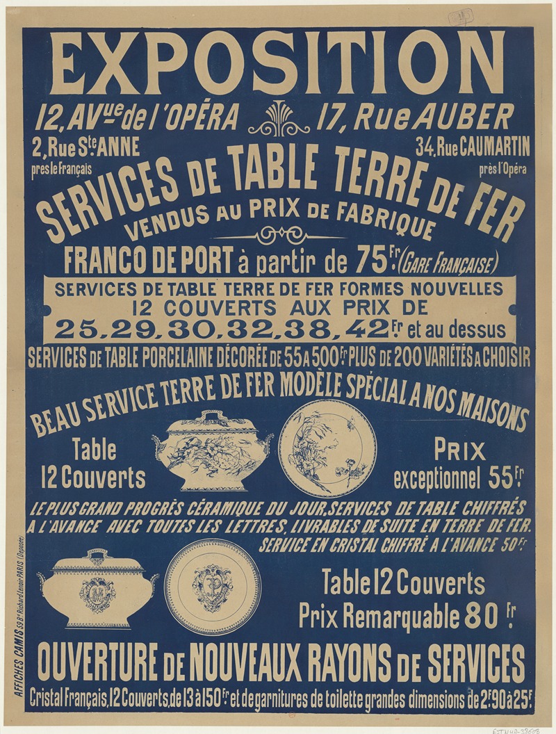 Imp. Camis - Exposition 12. av. de l’Opéra, Services de table terre de fer vendus au prix de fabrique