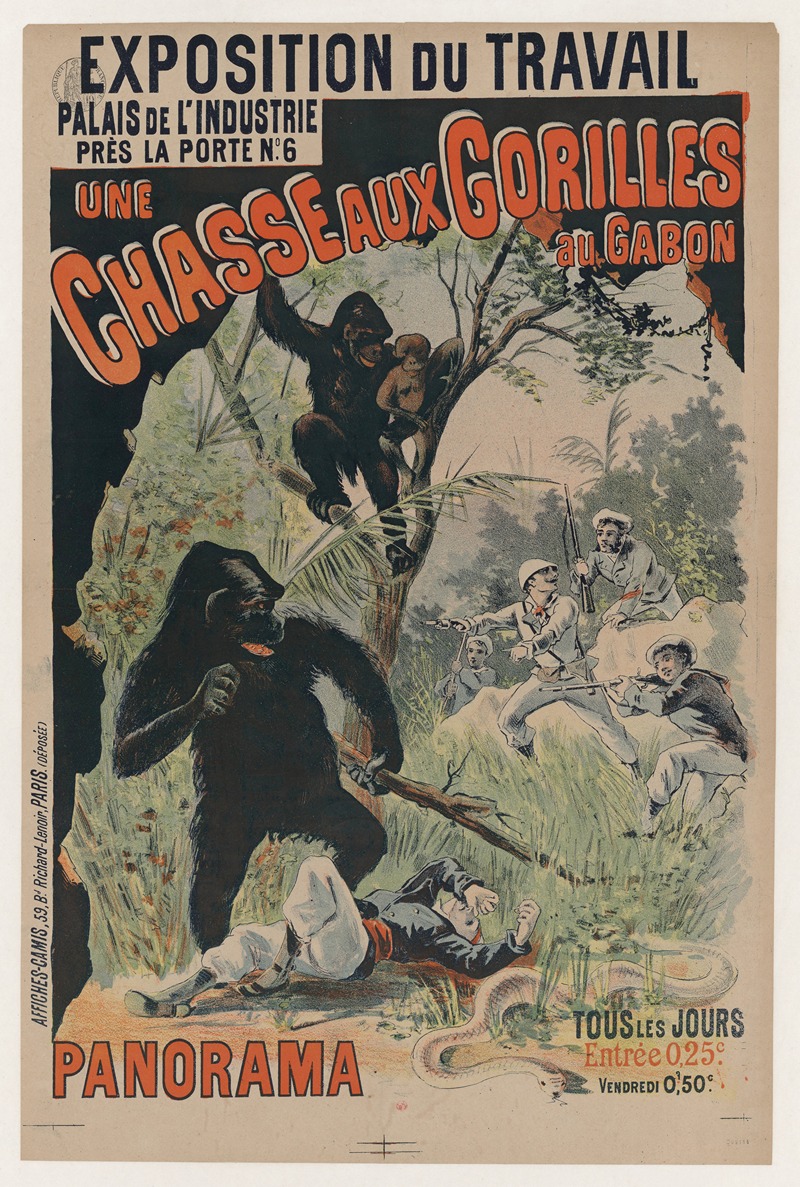 Imp. Camis - Exposition du travail, Palais de l’industrie. Une chasse aux gorilles au gabon, panorama