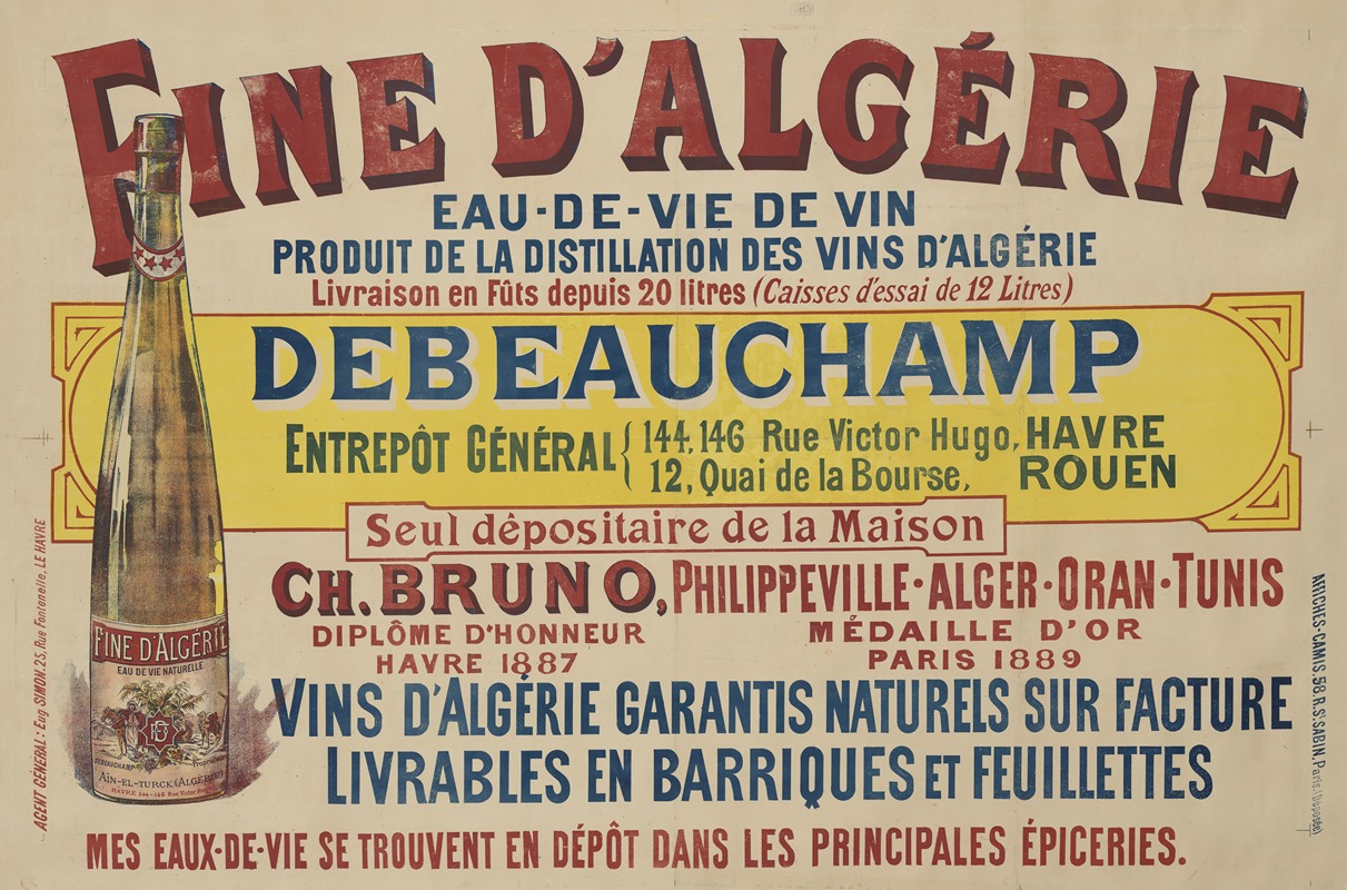 Imp. Camis - Fine d’Algérie, eau-de-vie de vin. Produit de la distillation des vins d’Algérie. Debeauchamp