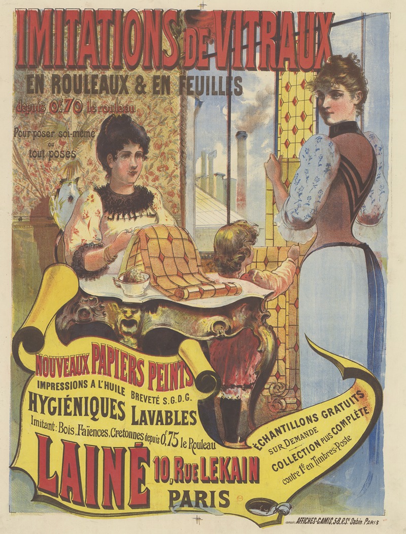 Imp. Camis - Imitation de vitraux en rouleaux & en feuilles Nouveaux papiers peints, impressions à l’huile. Lainé, 10 rue Lekain, Paris