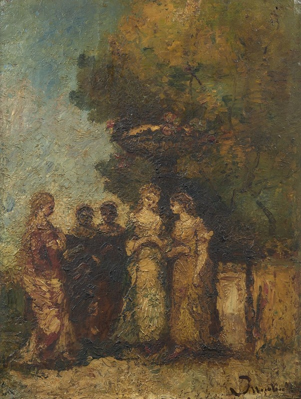 Adolphe Monticelli - Cinq jeunes femmes dans un jardin devant une fontaine