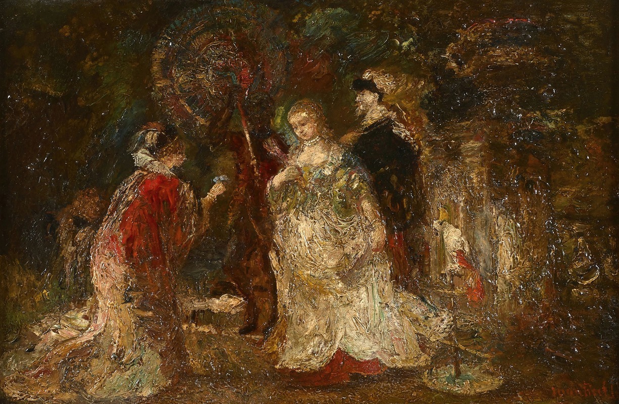 Adolphe Monticelli - Trois femmes et leur page dans un parc