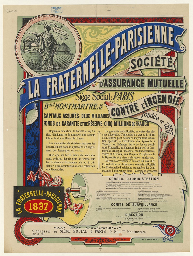 Imp. Camis - La Fraternelle parisienne, société d’assurance mutuelle contre l’incendie fondée en 1837