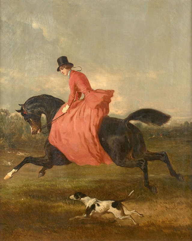 Alfred De Dreux - Une amazone à la robe rouge dans un paysage