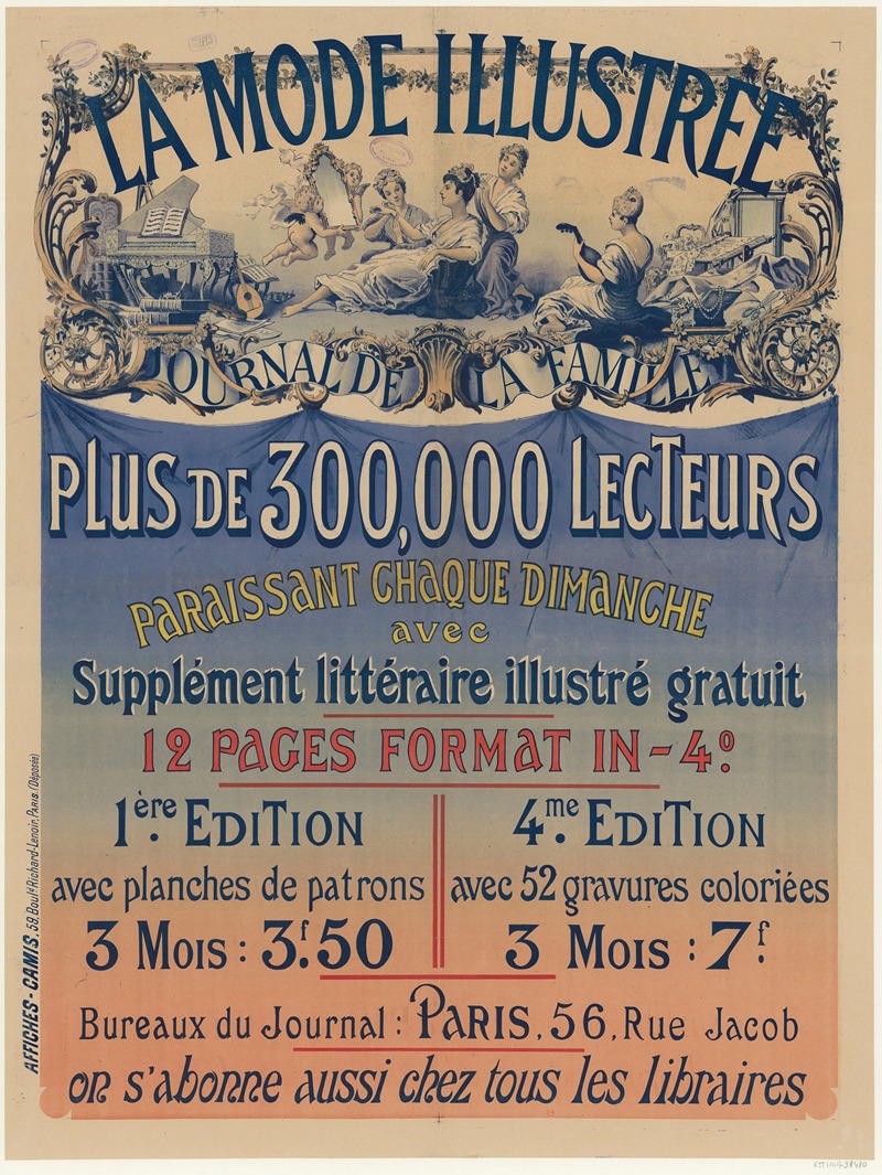 Imp. Camis - La Mode illustrée, journal de la famille. Plus de 300.000 lecteurs, paraissant chaque dimanche avec supplément littéraire illustré gratui