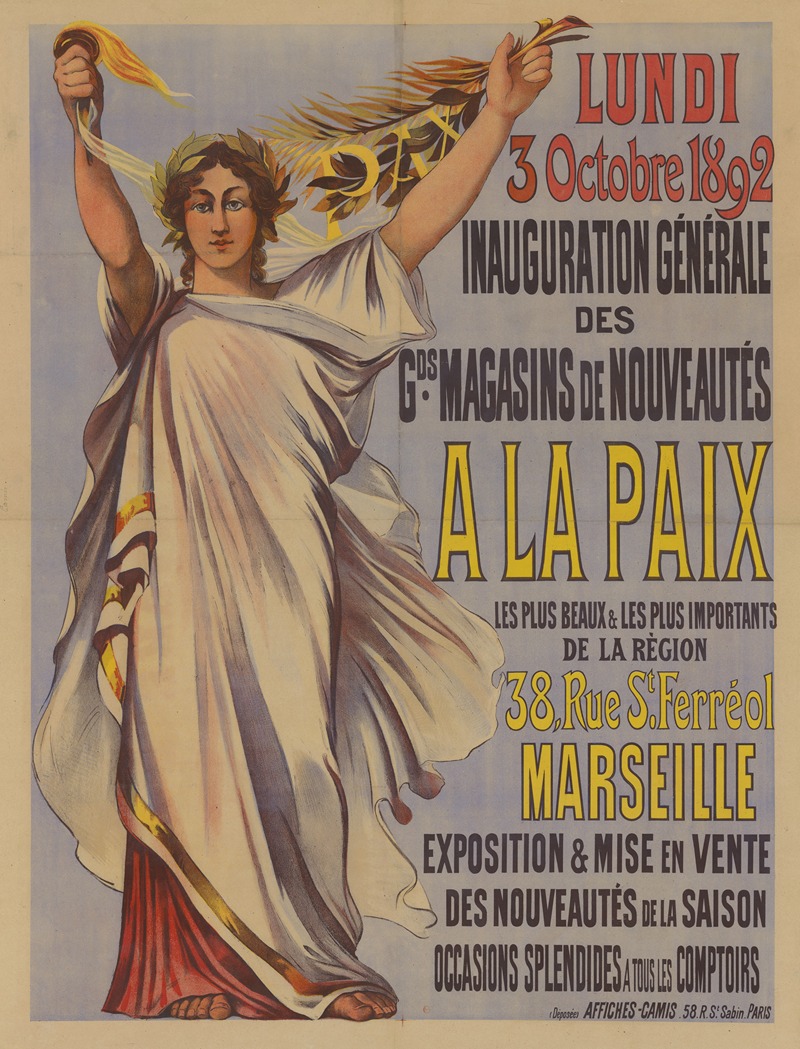 Imp. Camis - Lundi 3 octobre 1892, inauguration. A la Paix. Marseille