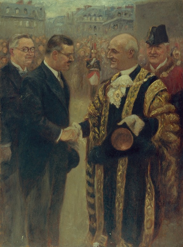 Noël Dorville - Sir George Broadbridge, lord-maire de Londres, serre la main M. Raymond Laurent, président du Conseil municipal