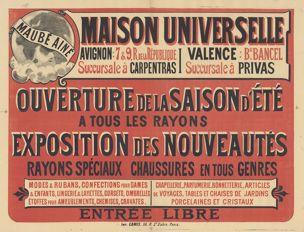 Imp. Camis - Maison universelle, Maubé Aîné. Avignon, succursale à Carpentras, Valence, succursale à Privas