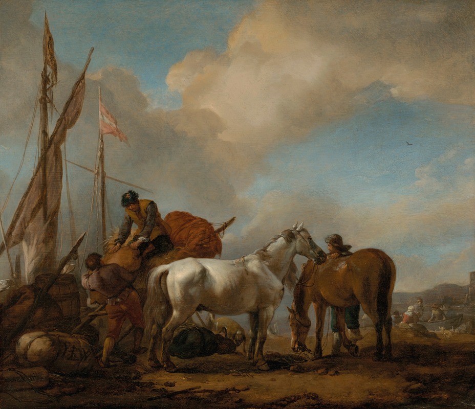 Philips Wouwerman - Horses in a landscape with figures loading bales onto a boat
