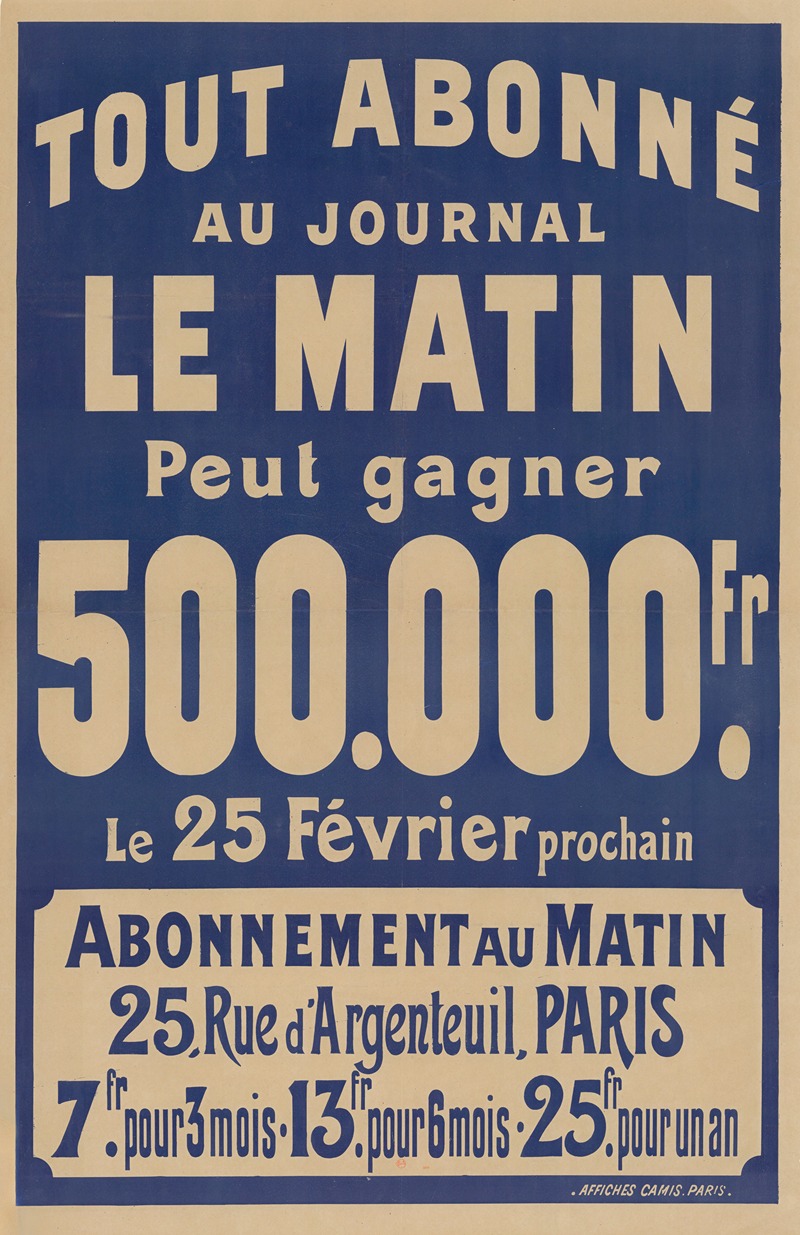 Imp. Camis - Tout abonné au journal Le Matin peut gagner 500.000 fr le 25 février prochain