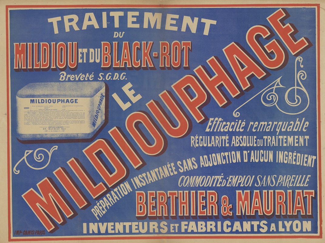 Imp. Camis - Traitement du Mildiou et du black-rot Le mildiouphage. Berthier & Mauriat, inventeurs et fabricants à Lyon