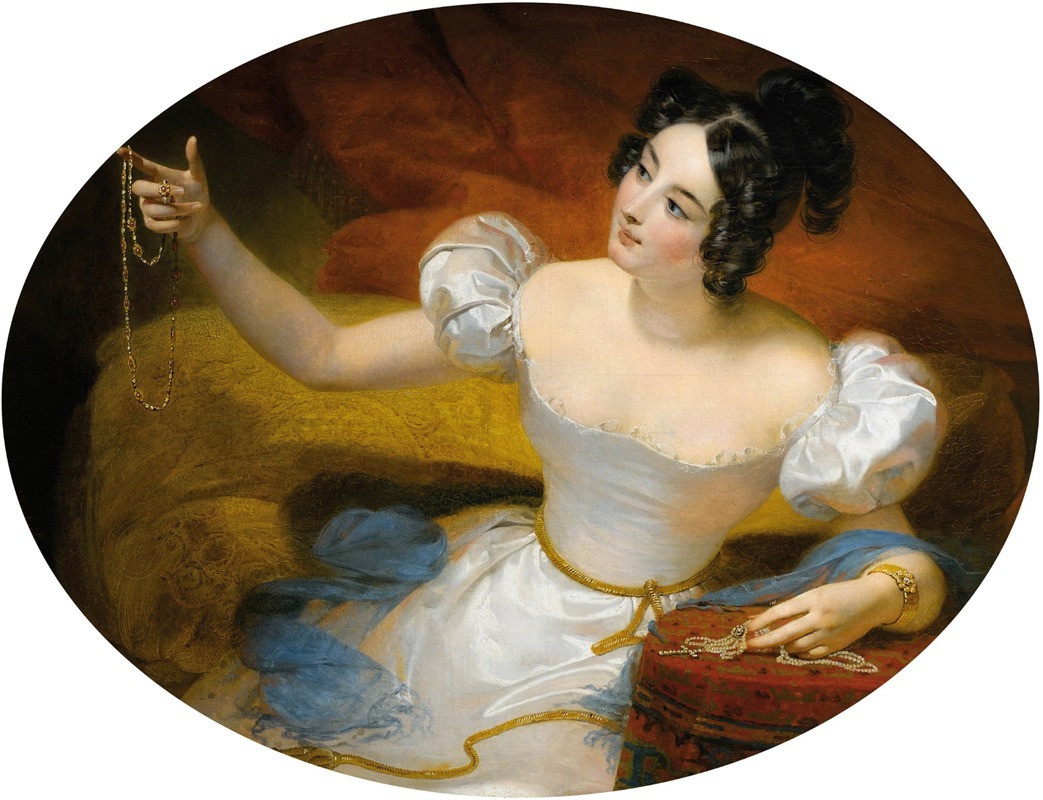 Claude Marie Dubufe - Le soir ou jeune fille tenant un collier