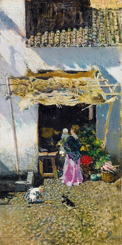 Mariano Fortuny Marsal - Jeune femme à la jupe lilas, devant une échoppe de légumes