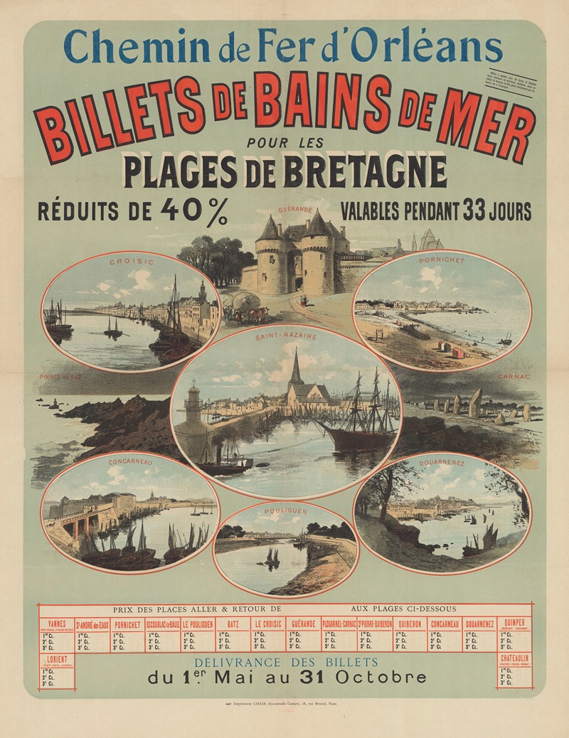 Imp. Chaix - Chemin de Fer d’Orléans. Billets de Bains de Mer pour les plages de Bretagne