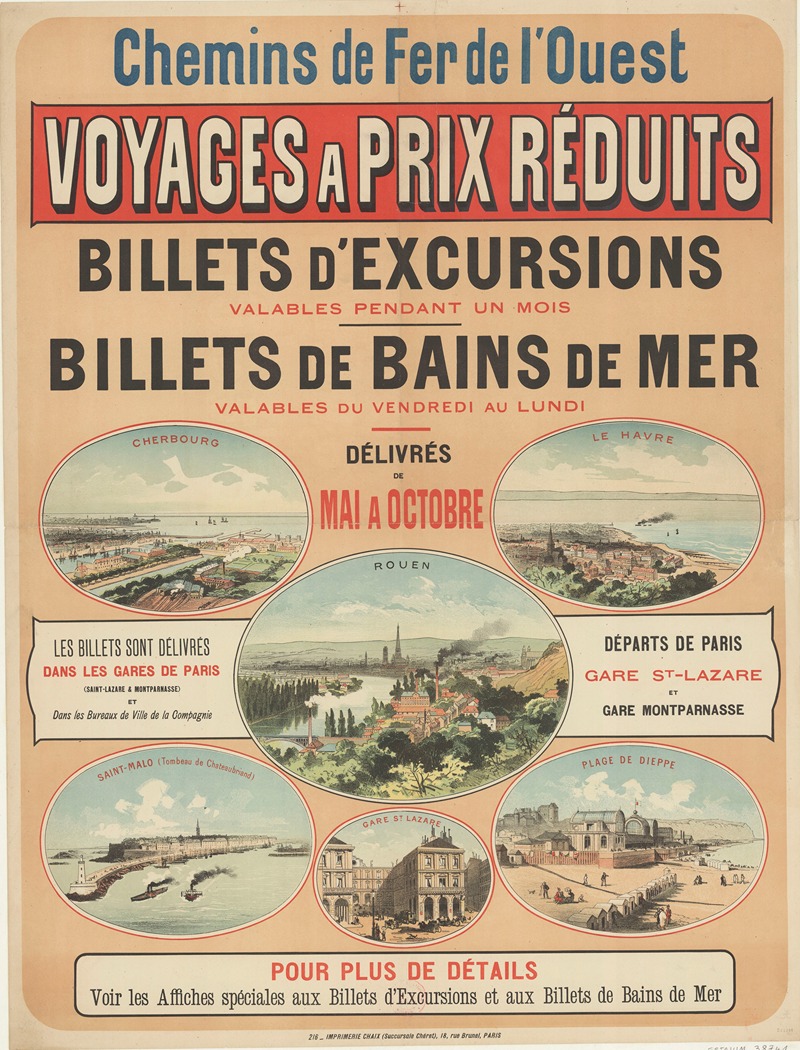 Imp. Chaix - Chemins de Fer de l’Ouest. Voyages à prix réduits, Billets d’excursions, Billets de Bains de mer