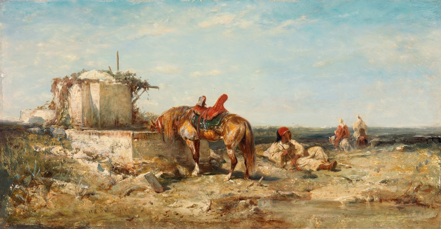 Adolf Schreyer - Eastern Soldiers with a Horse Drinking