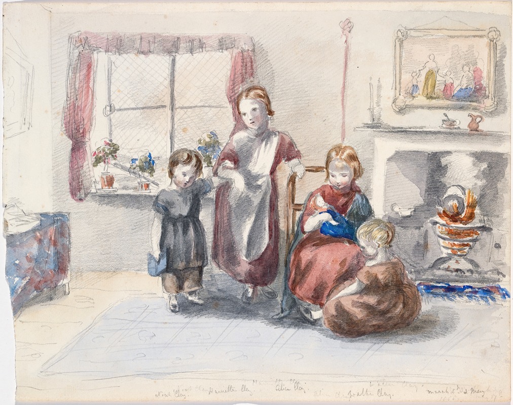 Louisa Taylor - Four Children in an Interior with a Kettle Boiling on an Open Fire