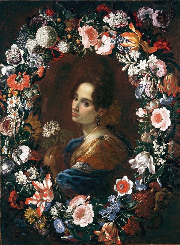 Mario Nuzzi - Portrait of a Lady, Surrounded by a Garland of Flowers