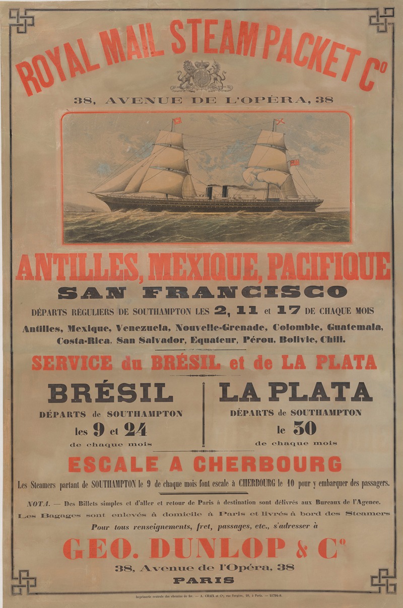 Imp. Chaix - Royal Mail Steam Packet C°, 38 avenue de l’Opéra. Antilles, Mexique, Pacifique, San Francisco