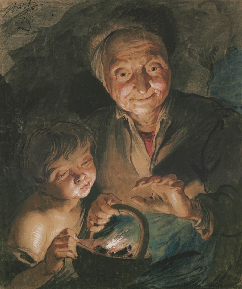 Jacob de Wit - Old woman and boy warming their hands (After Peter Paul Rubens)