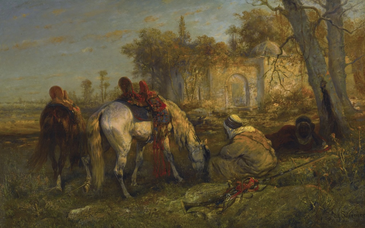 Adolf Schreyer - Two Reclining Arabs and Two Tethered Horses